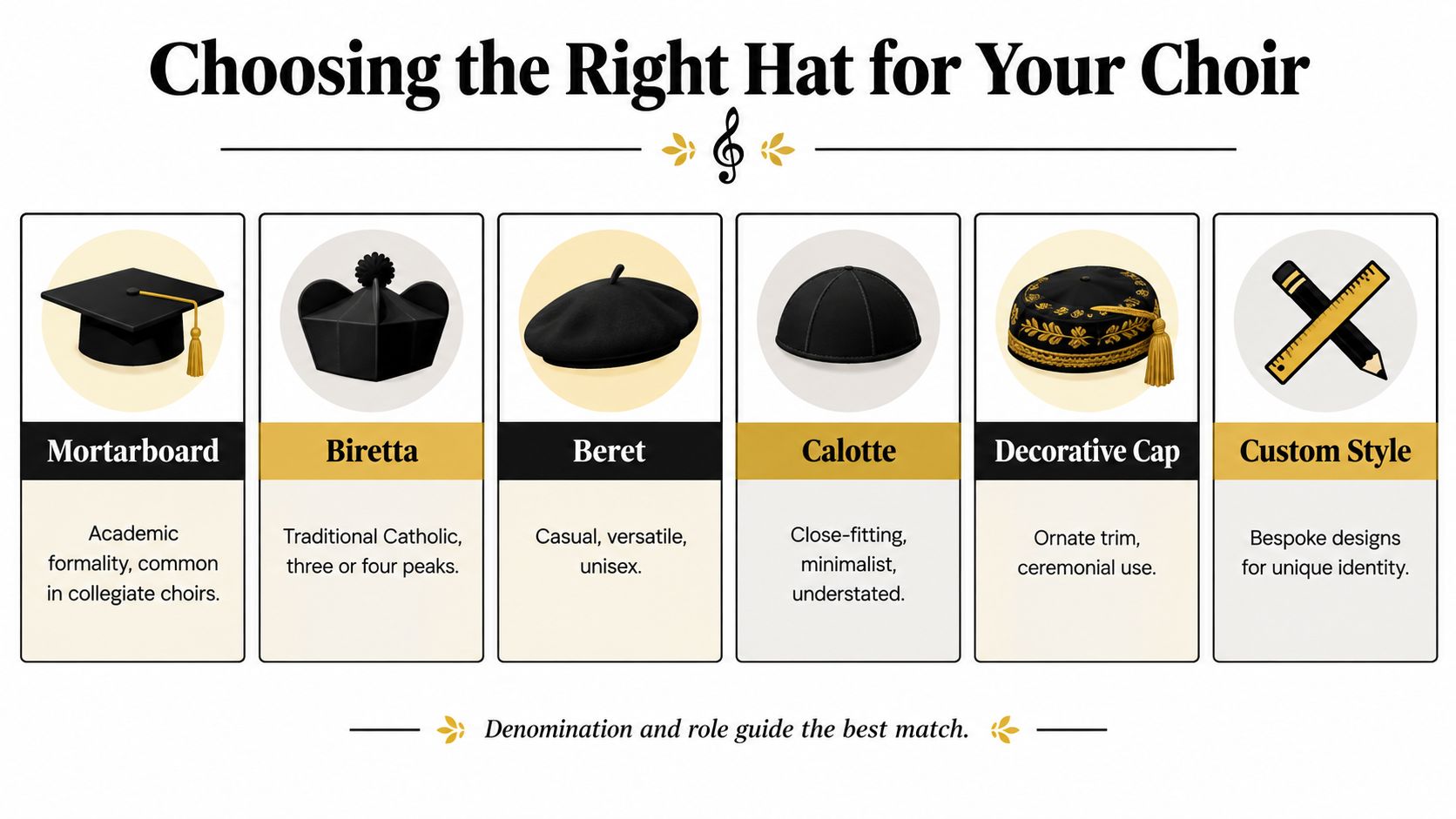 An infographic showing various types of hats for church choirs including mortarboards, birettas, berets, and decorative caps.