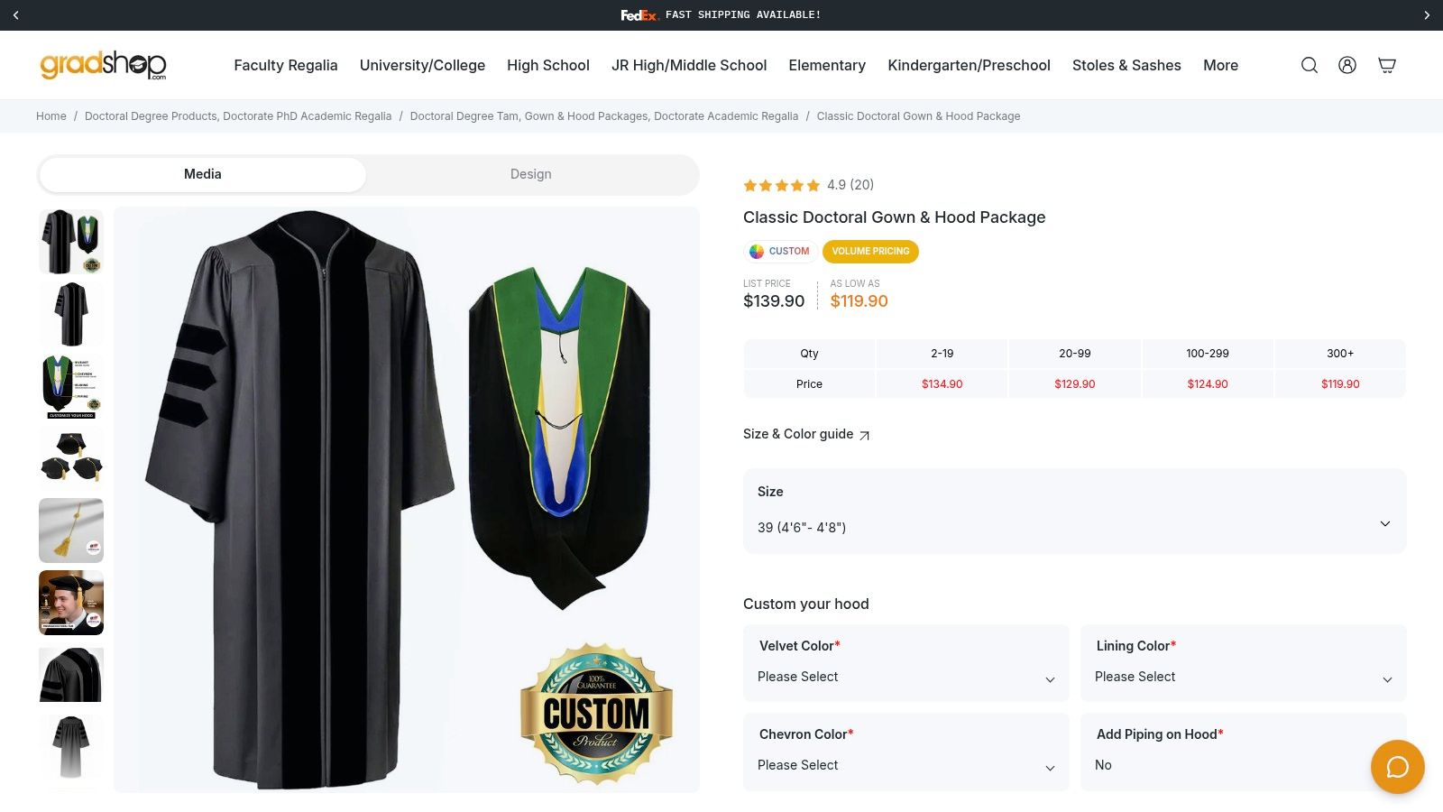 Gradshop Classic Doctoral Gown & Hood Package