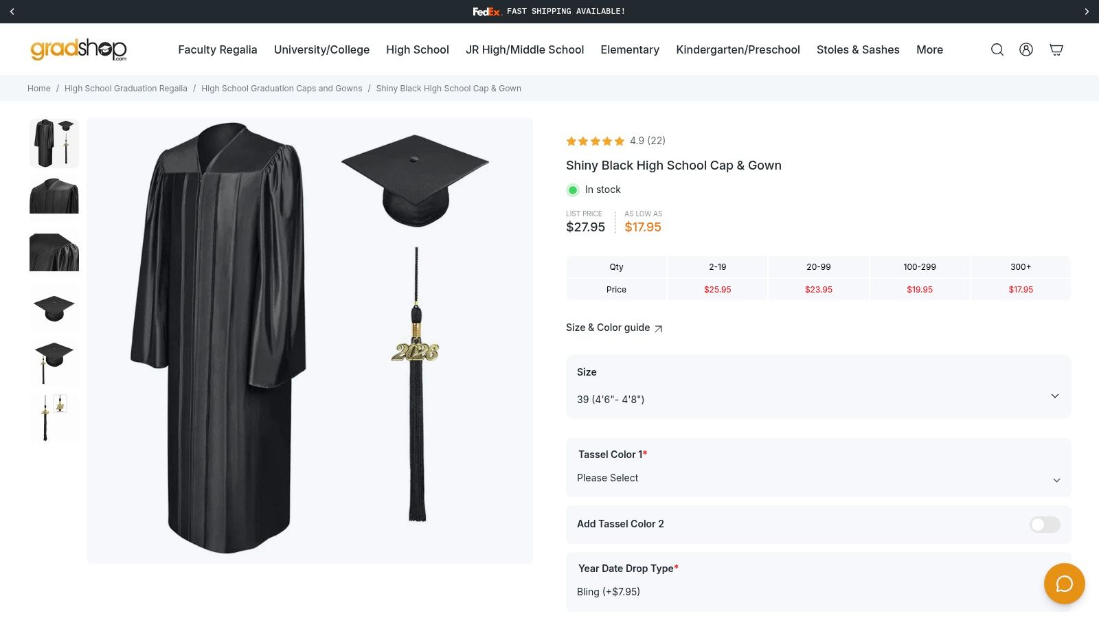 Gradshop Shiny Black High School Cap & Gown