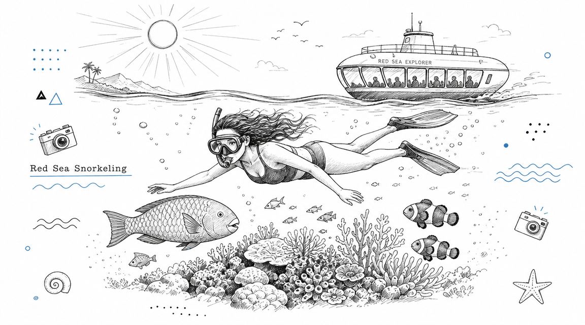 A detailed sketch of a woman snorkeling in the Red Sea near a reef with a tour boat.