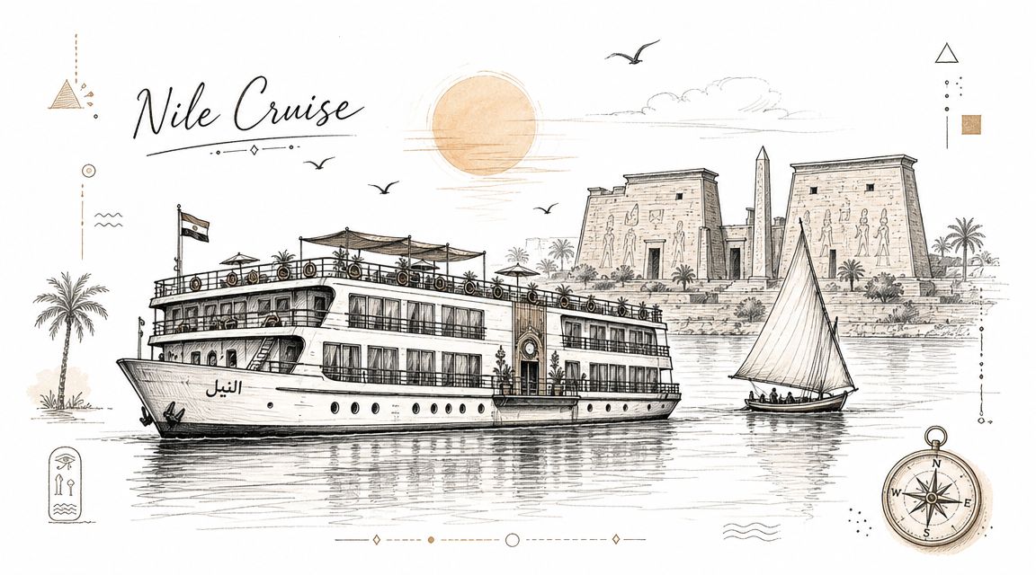 An artistic sketch of a Nile river cruise ship and a felucca sailing past ancient Egyptian temples.