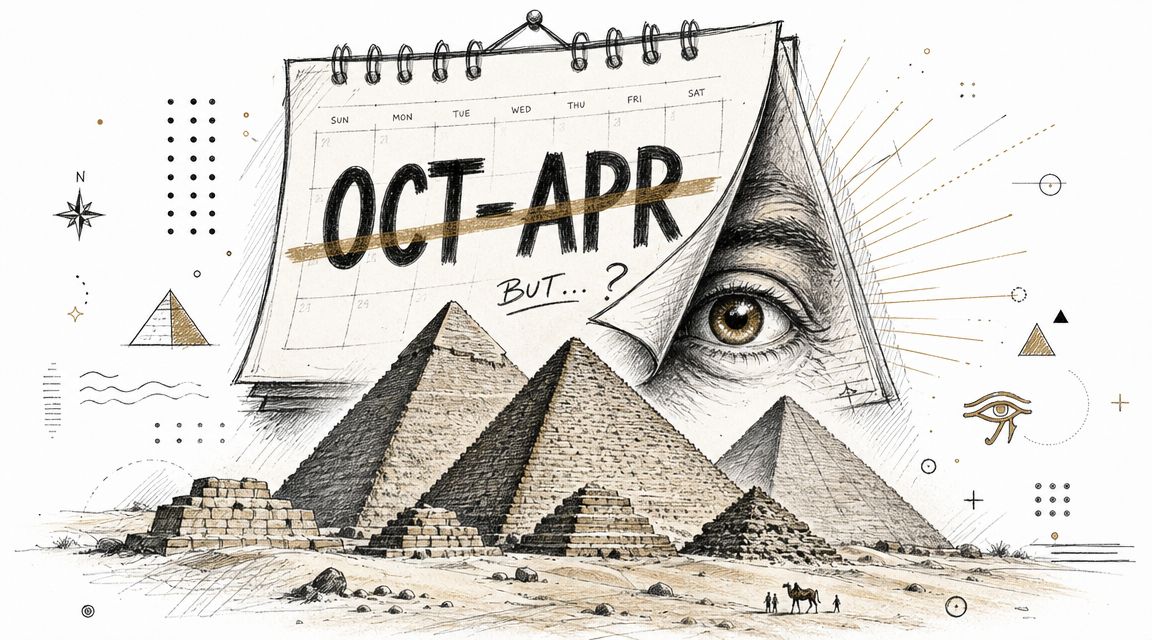 A conceptual illustration featuring pyramids and a calendar marked October through April with a question mark.