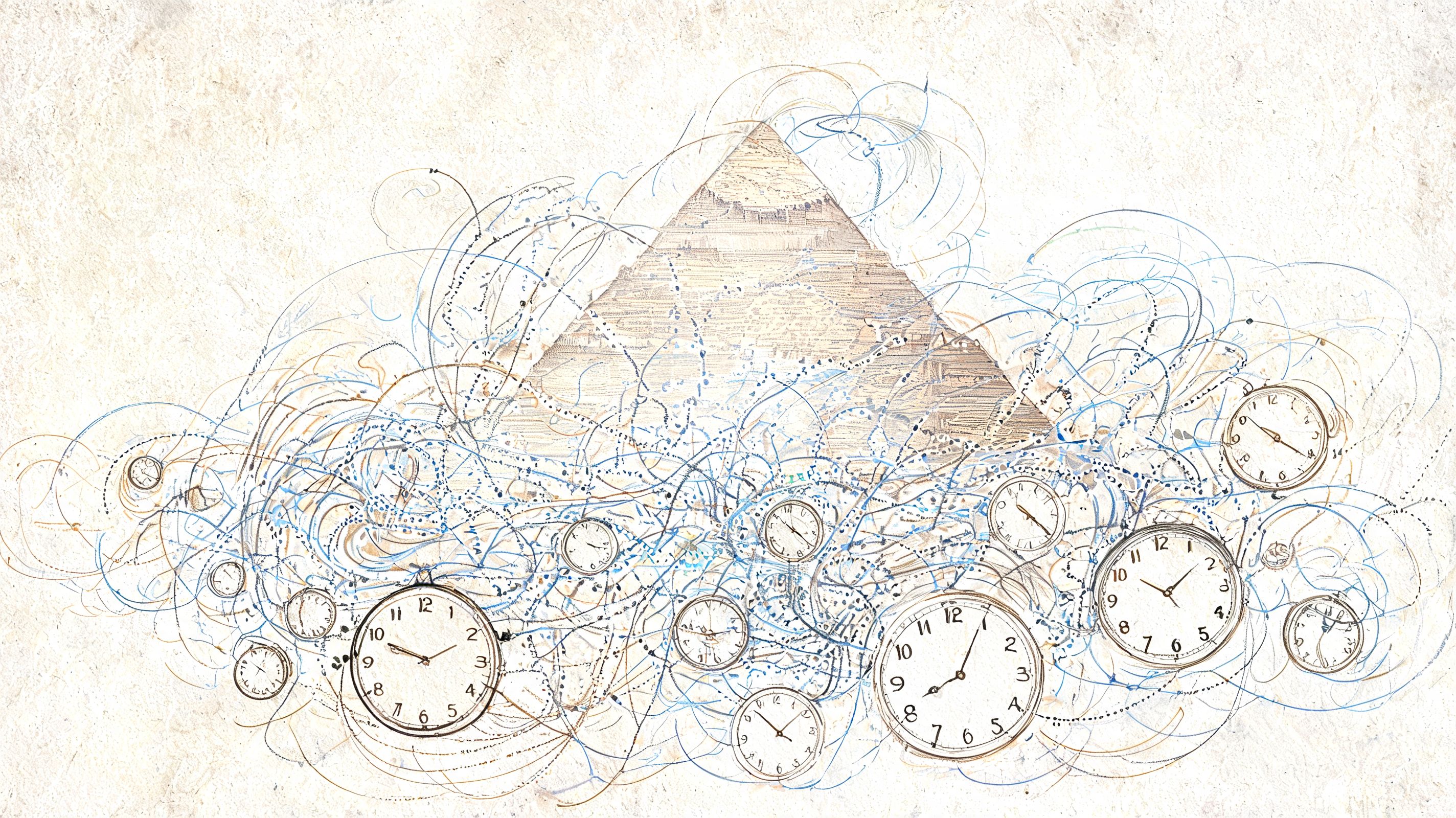 A digital art piece showing the Great Pyramid of Giza surrounded by swirling lines and various clocks.