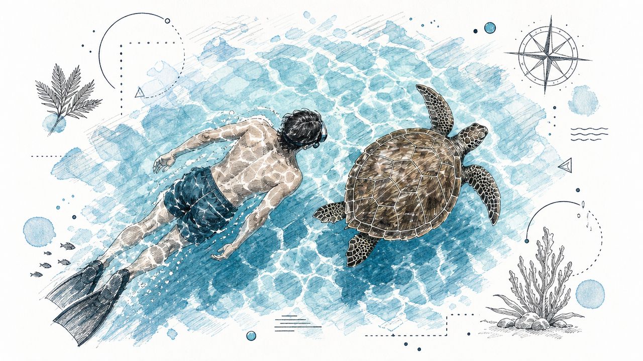 A detailed artistic sketch of a person snorkeling alongside a large sea turtle in clear ocean water.