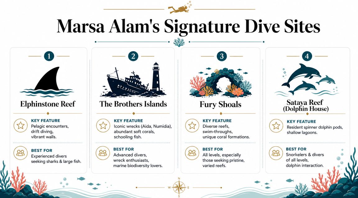 An infographic highlighting four signature scuba diving sites in Marsa Alam, including reefs, wrecks, and dolphins.