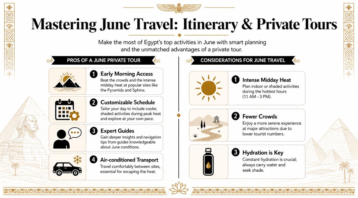 An infographic detailing tips and benefits for traveling to Egypt in June, focusing on private tour advantages.