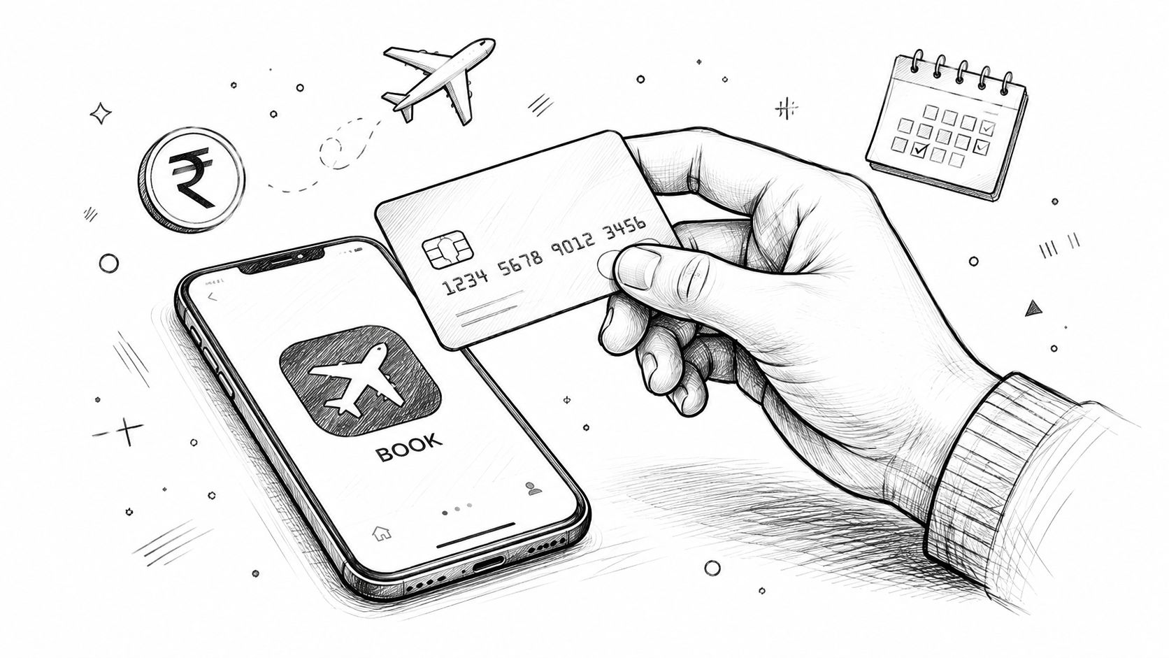 A hand holding a credit card near a smartphone displaying a travel booking app with icons.