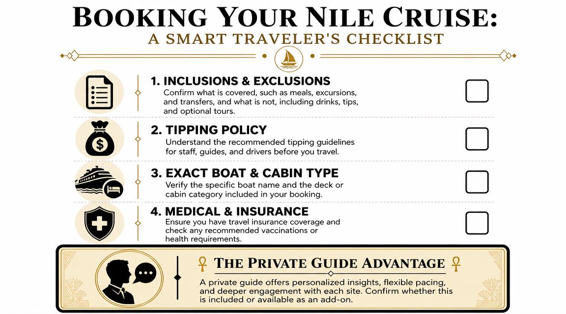 A checklist titled Booking Your Nile Cruise with four key tips and a note on private guides.