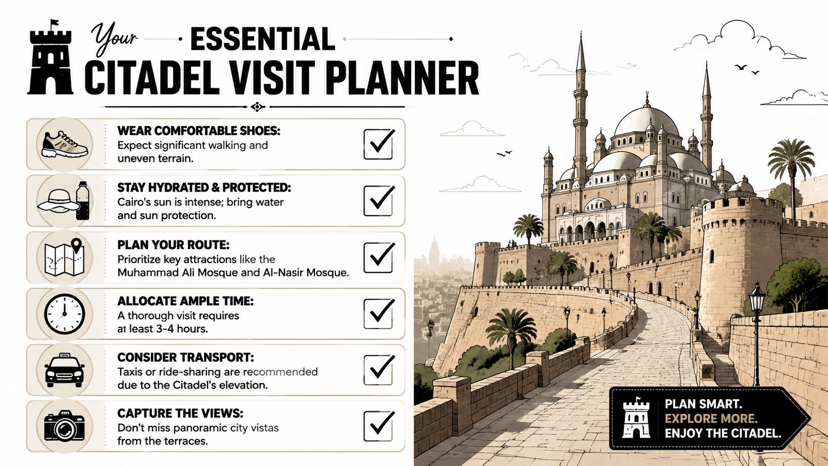 A travel checklist graphic for visiting the Citadel in Cairo, featuring icons and essential planning tips.