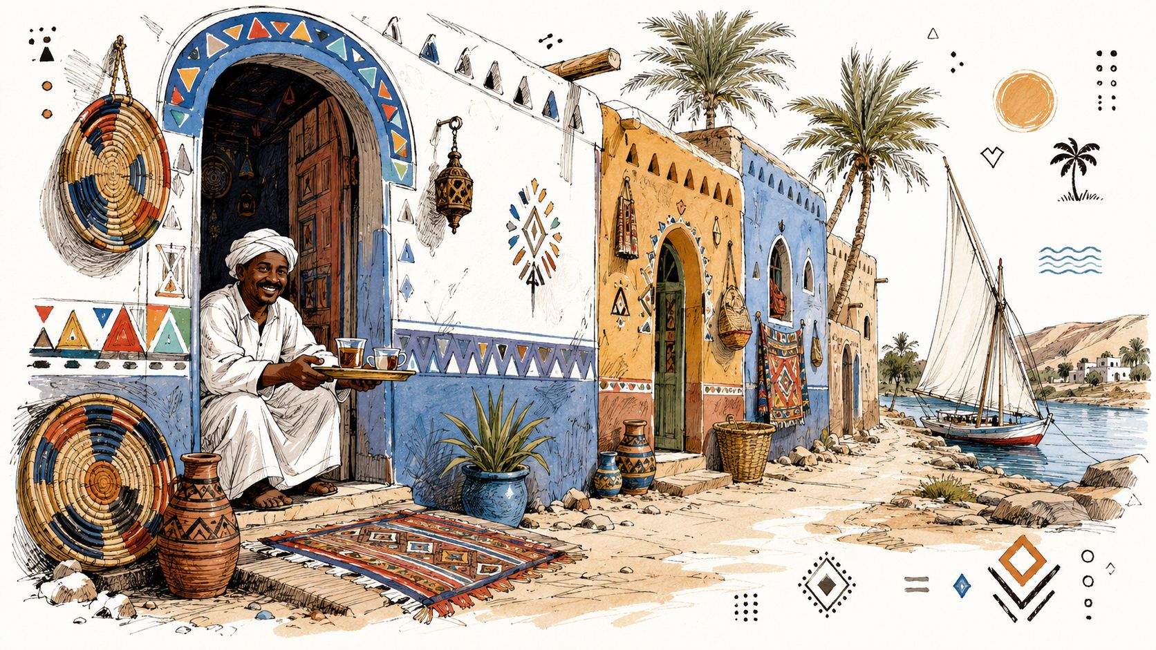 A friendly local man offers tea in front of a colorful traditional house near the Nile in Aswan.