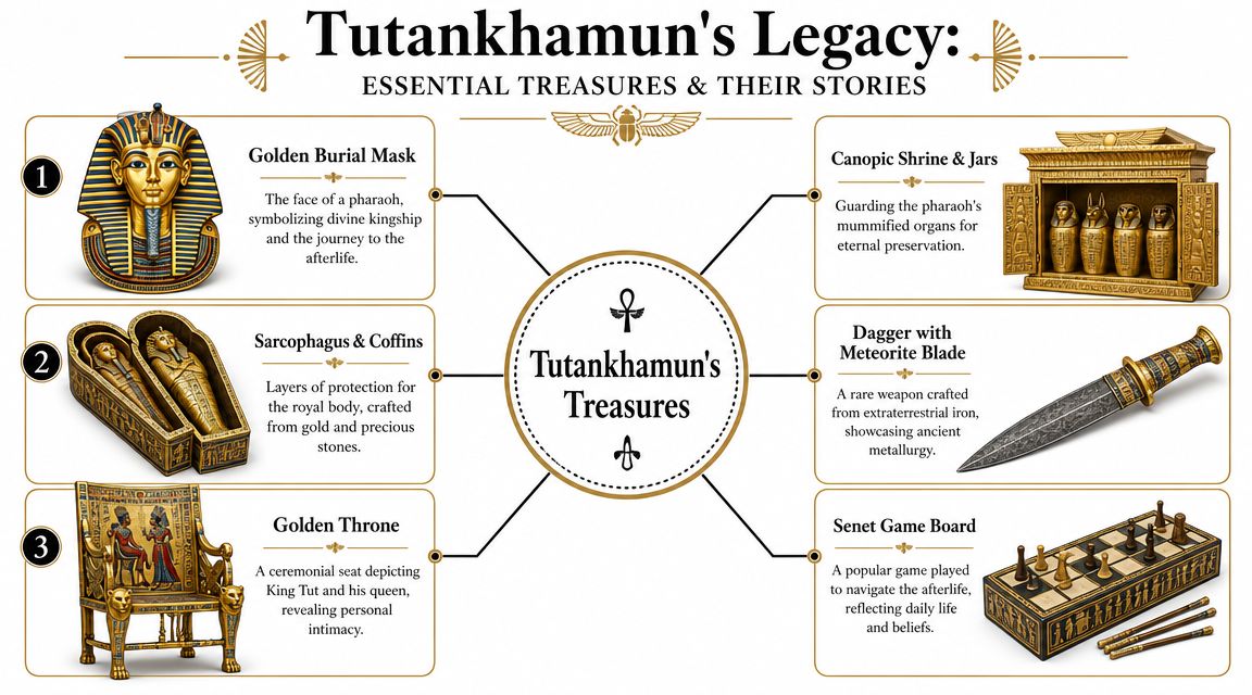 An infographic displaying six essential treasures found in Tutankhamun's tomb with descriptive historical facts and details.