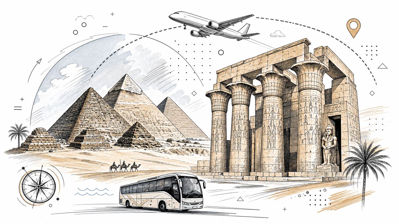An illustration showcasing iconic Egyptian pyramids and ancient temple architecture with a tour bus and airplane.