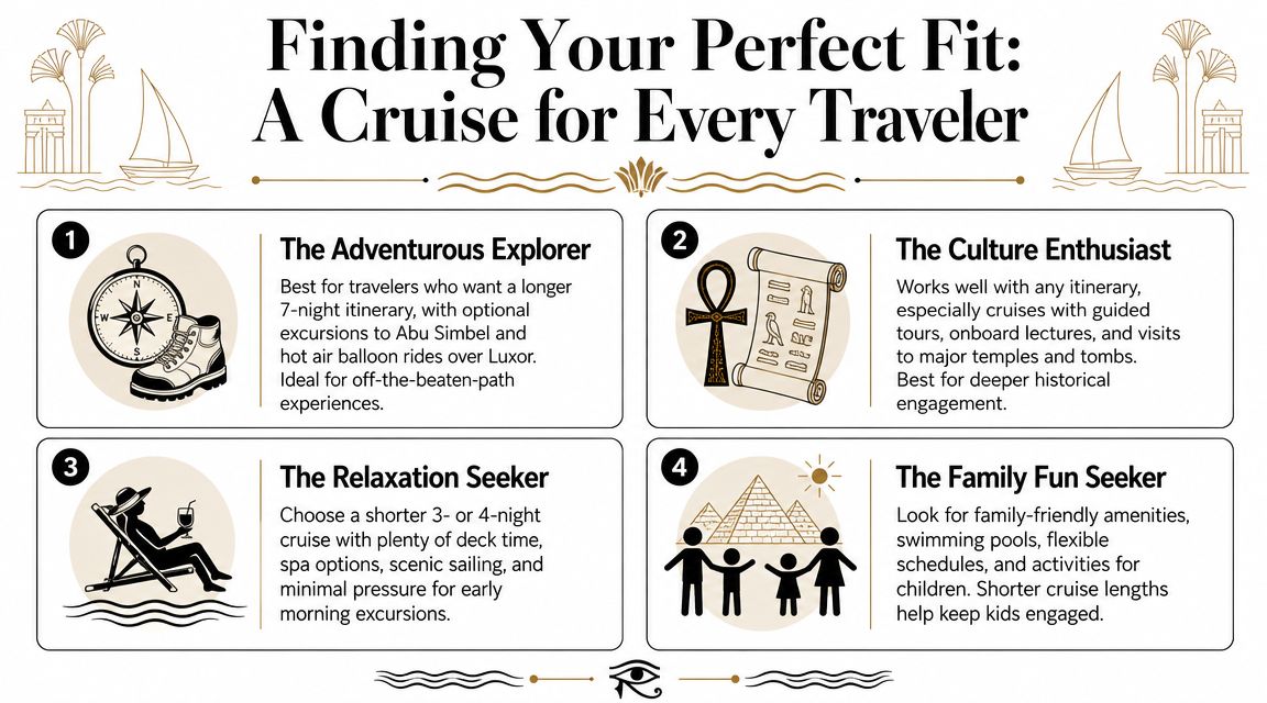 An infographic titled Finding Your Perfect Fit featuring four cruise traveler types and their ideal itineraries.