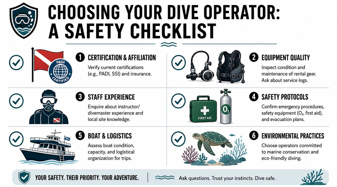 A safety checklist infographic for choosing a reputable scuba diving operator while traveling for underwater adventures.