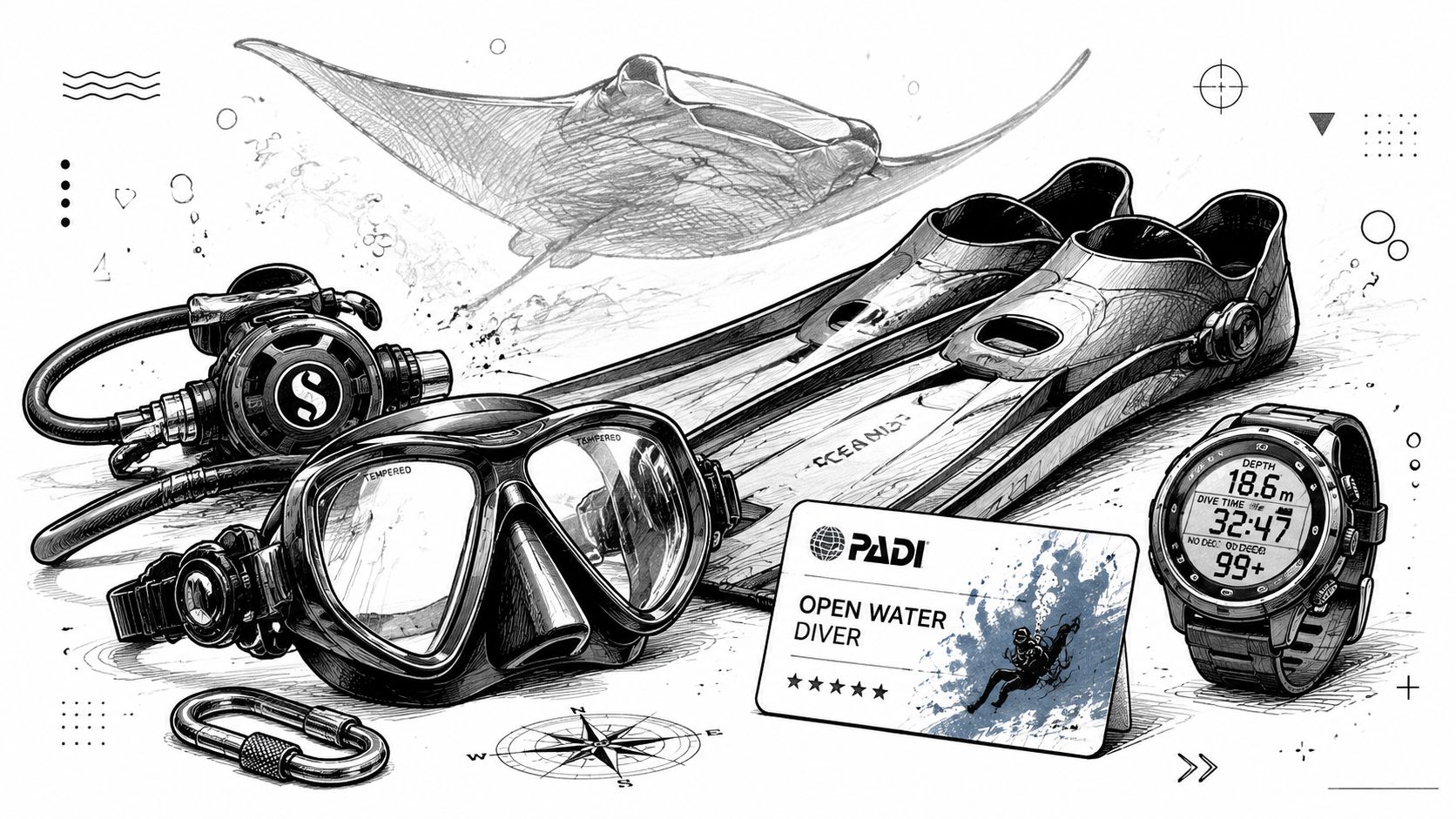 An artistic sketch featuring scuba diving gear including fins, a mask, a regulator, a watch, and certification card.