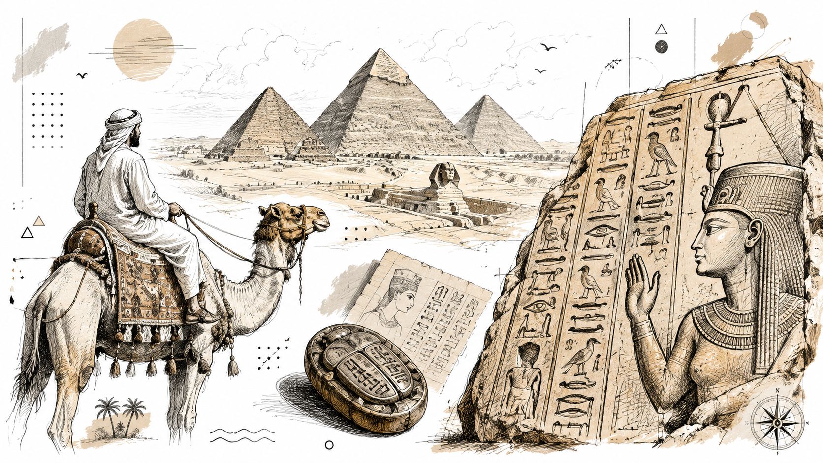 A scenic artistic illustration of Giza pyramids, a person riding a camel, and ancient Egyptian hieroglyphic stone carvings.