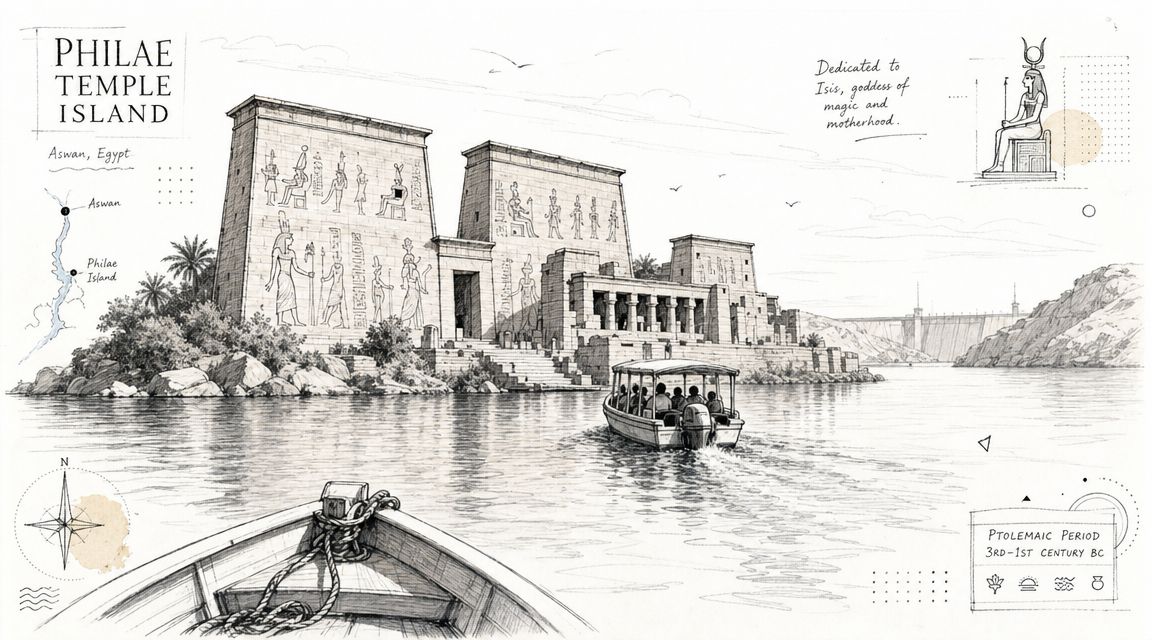A detailed illustration of the historic Philae Temple Island in Aswan, Egypt, viewed from a small boat.