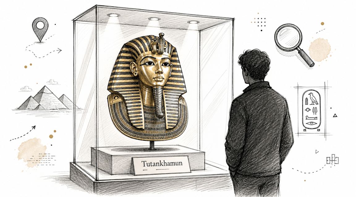 A person looking at a golden burial mask of Tutankhamun inside a museum display case illustration.