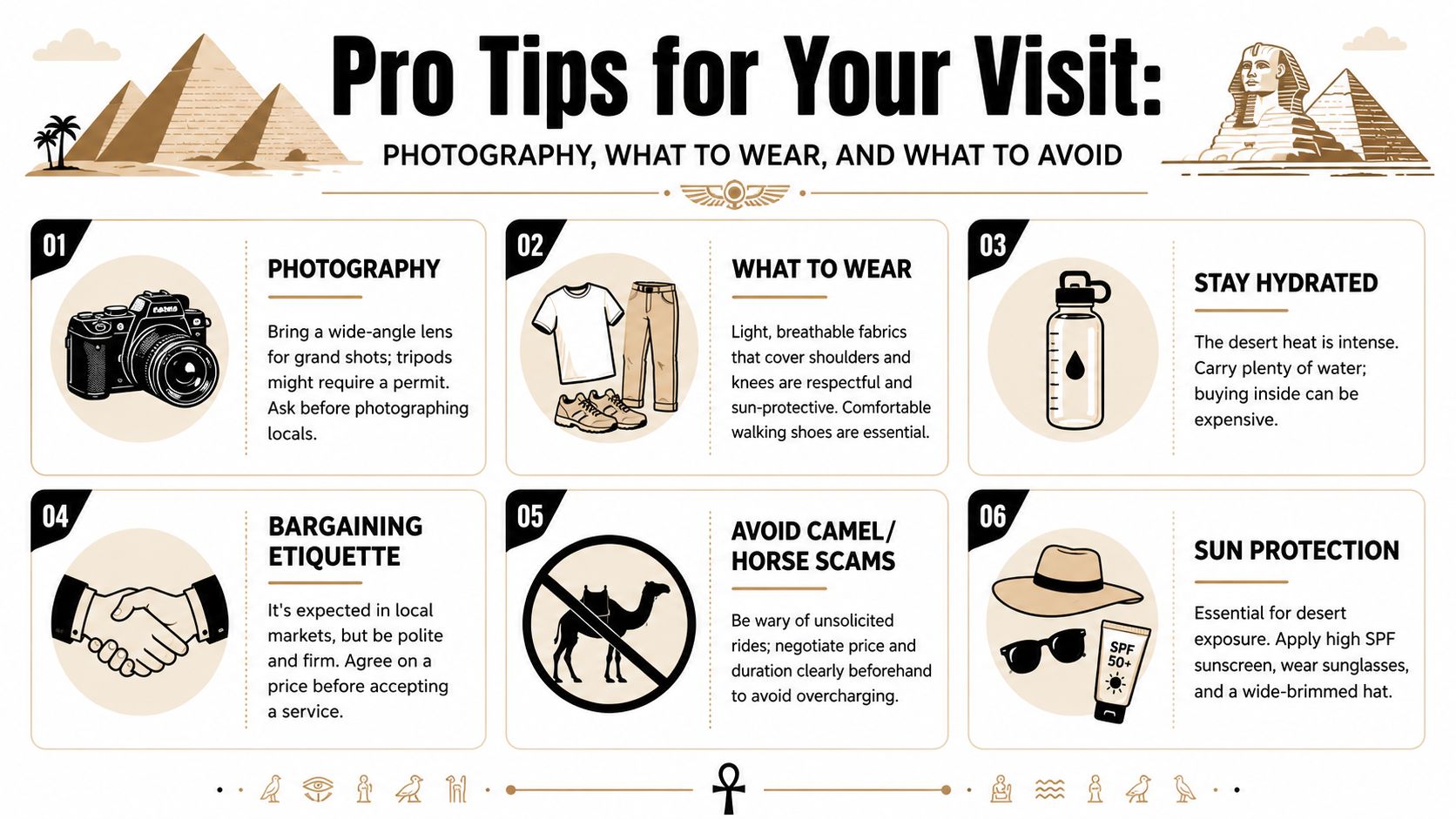 An infographic titled Pro Tips for Your Visit featuring travel advice for visiting the Egyptian pyramids.