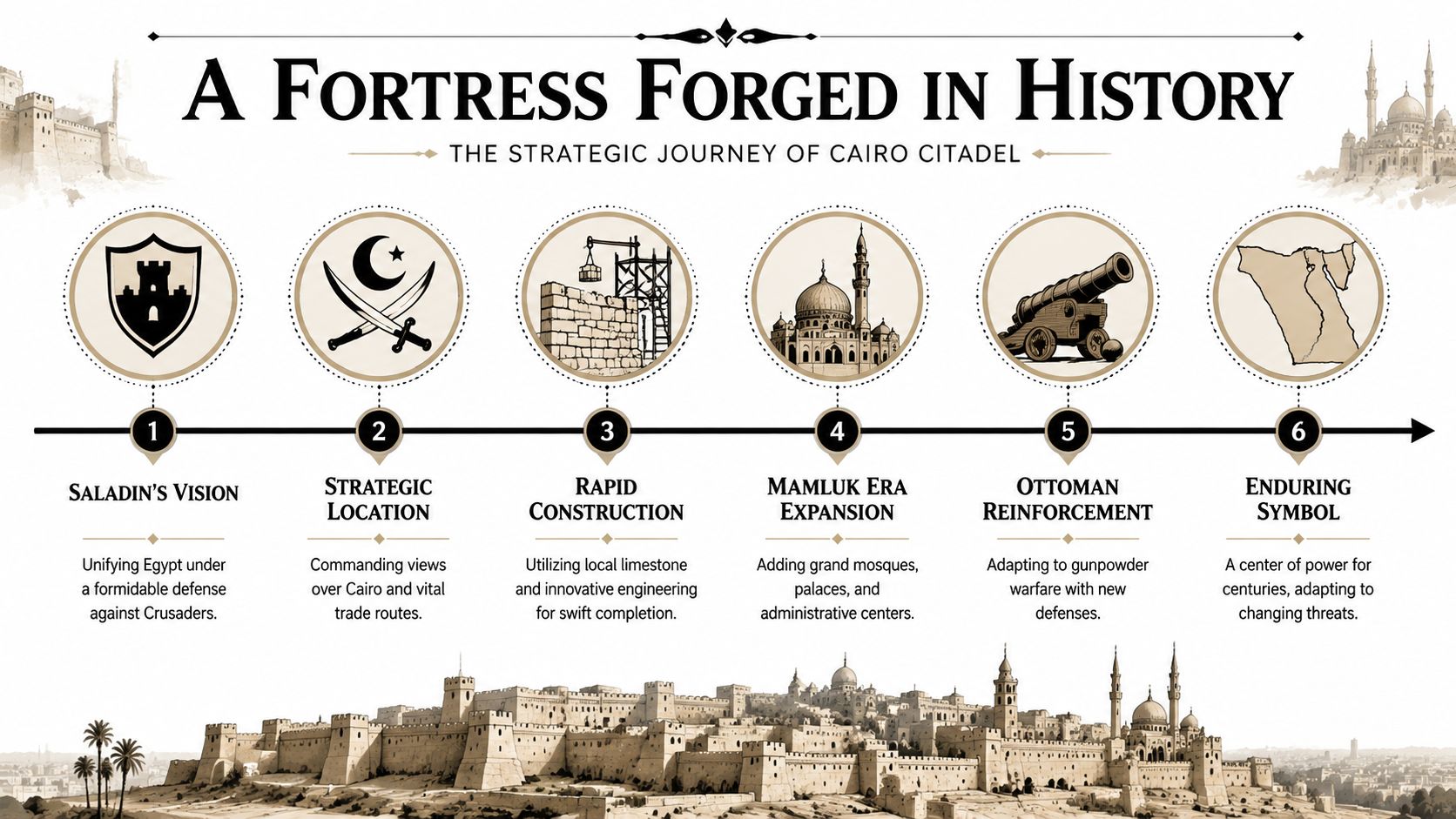 An infographic detailing the history and strategic development of the Cairo Citadel through six numbered historical milestones.