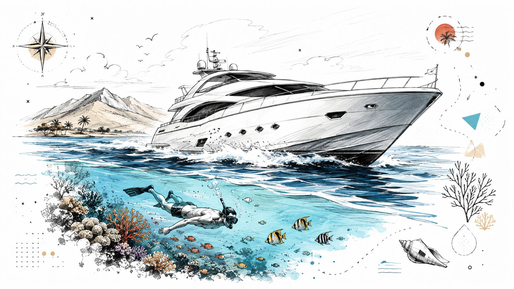 A detailed illustration of a luxury yacht sailing on clear blue water with a snorkeler swimming below.
