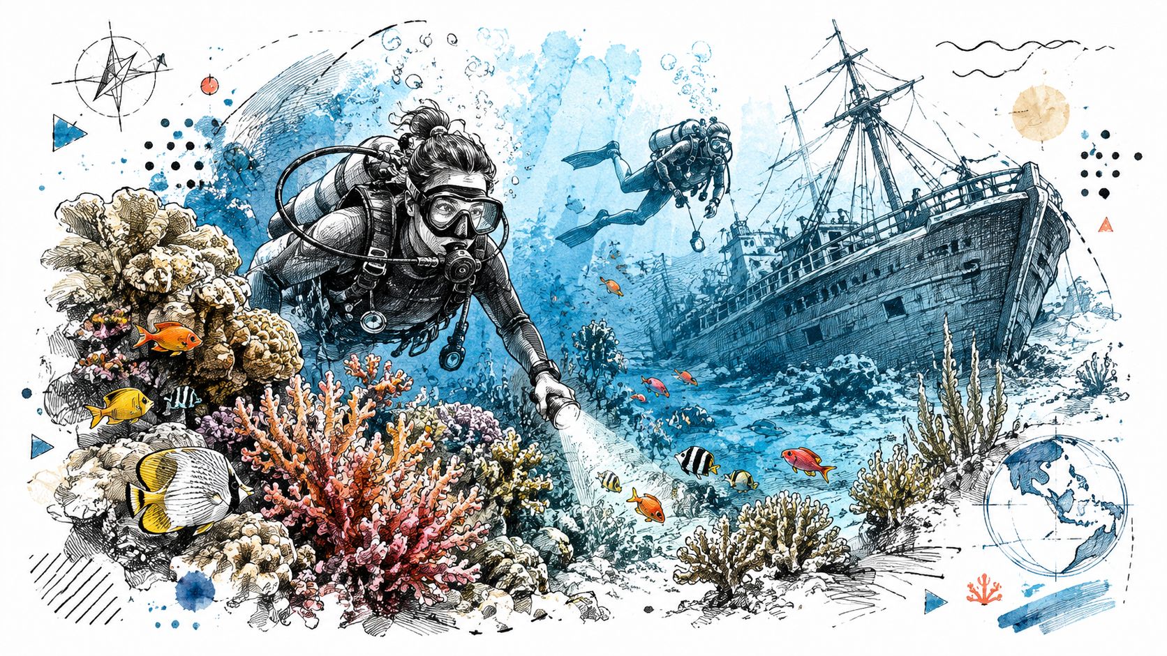 A detailed illustration of scuba divers exploring a shipwreck and colorful coral reef underwater.