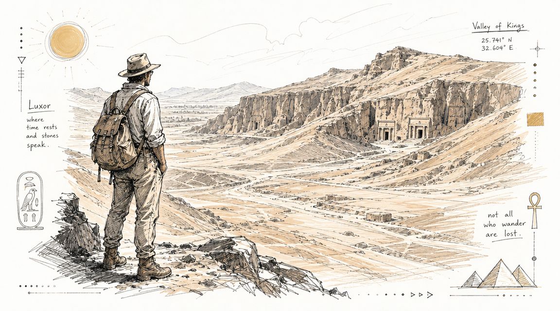 An explorer standing on a ridge overlooking the ancient tombs in the Valley of the Kings, Egypt.