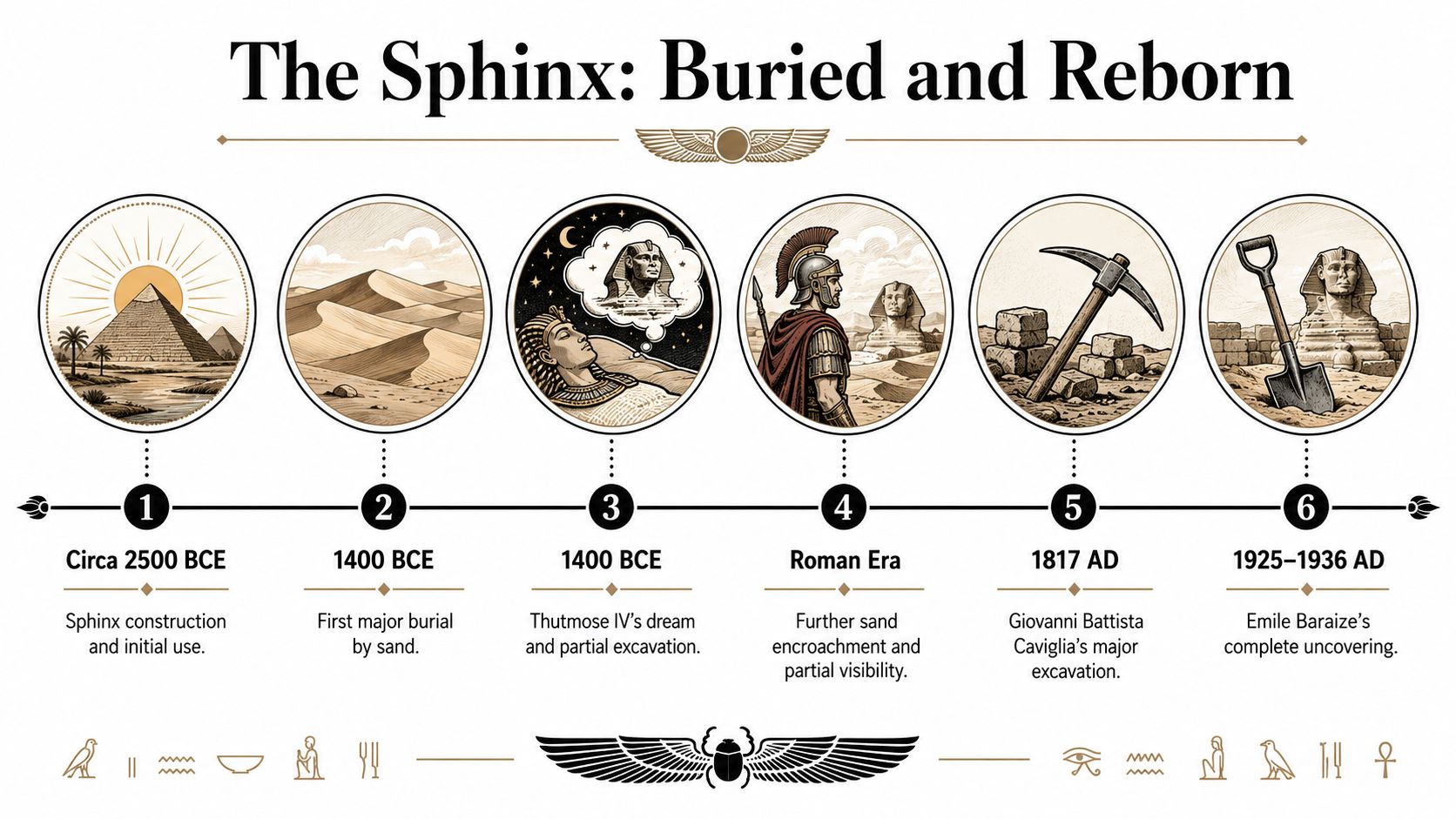 An illustrated timeline showing the historical stages of the Great Sphinx being buried and excavated over time.