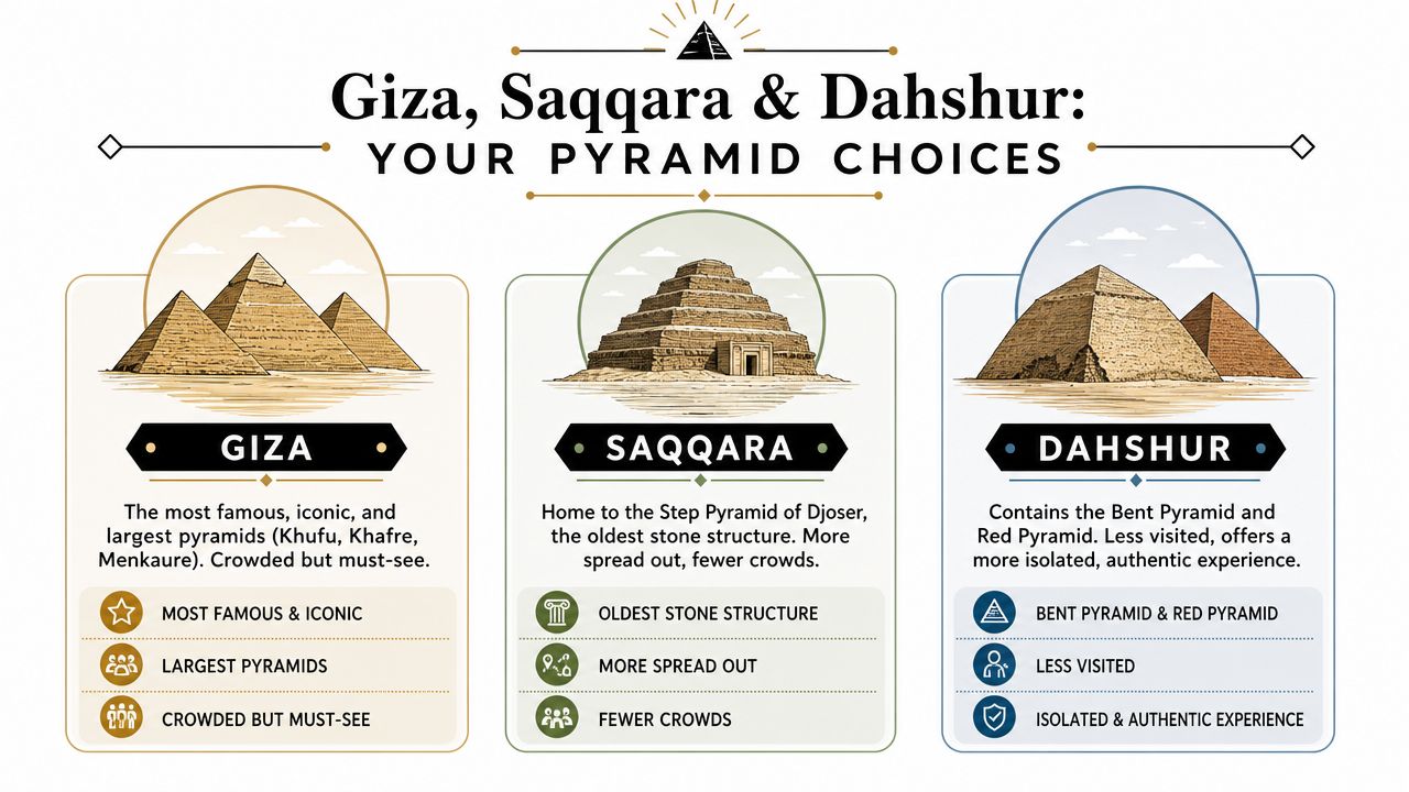 An infographic comparing travel options to the Giza, Saqqara, and Dahshur pyramids near Cairo, Egypt.