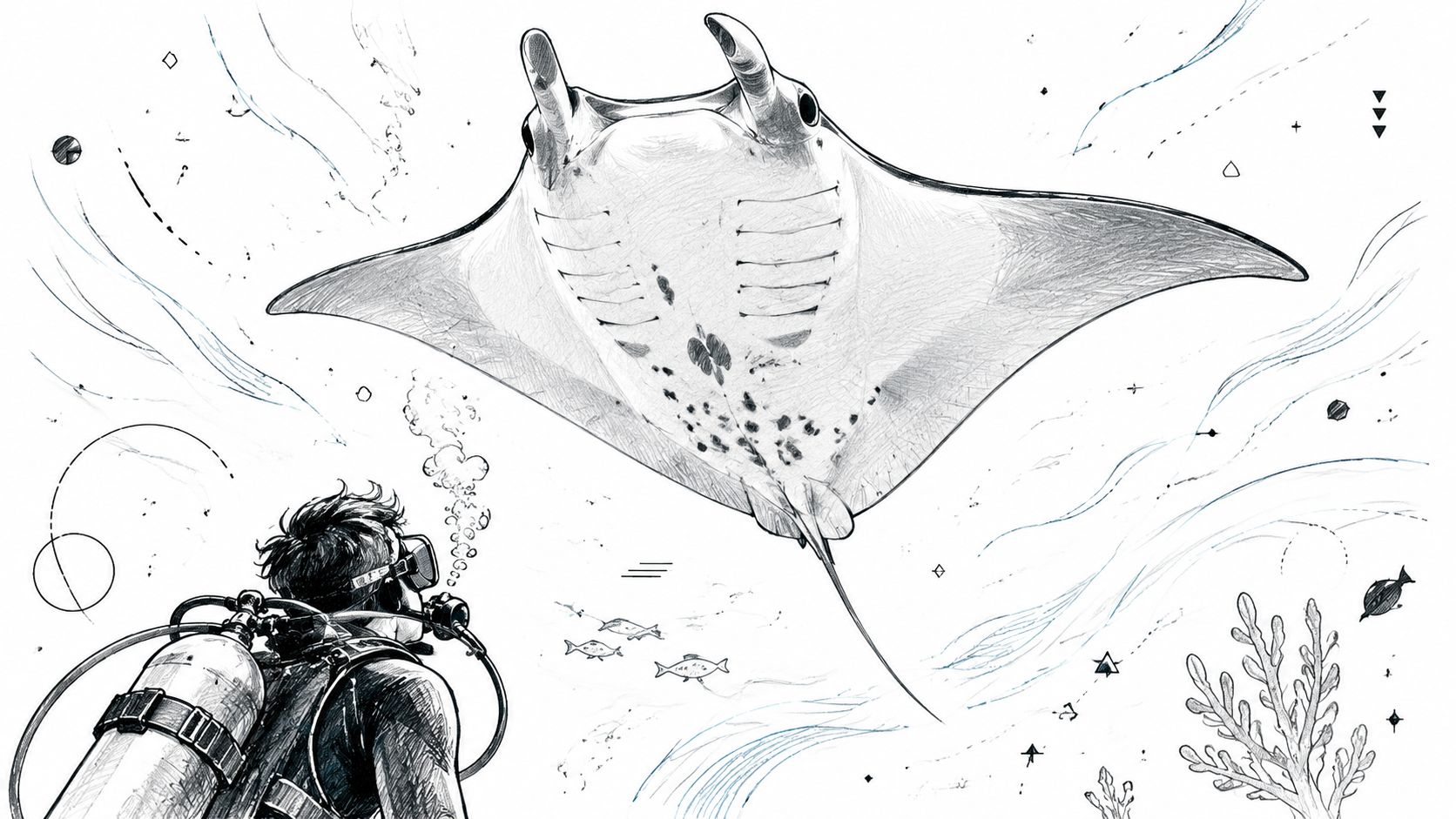 A detailed sketch of a scuba diver observing a large manta ray swimming underwater among coral.