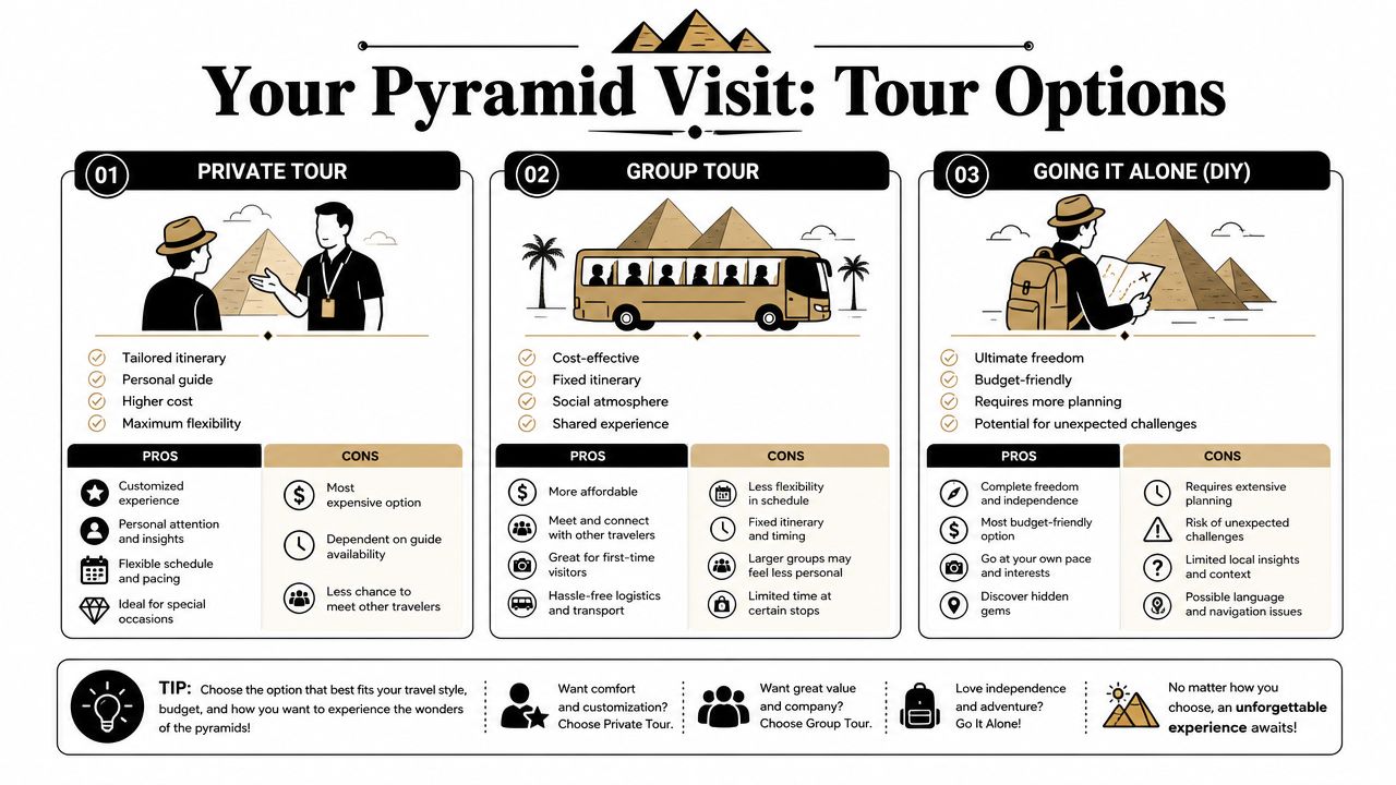 A comparison infographic showing private tours, group tours, and independent DIY travel options for visiting the pyramids.