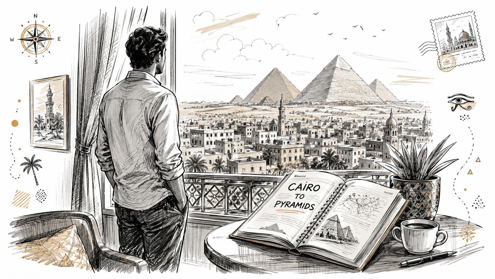 A man stands on a balcony overlooking the Giza pyramids and Cairo city skyline at sunset.