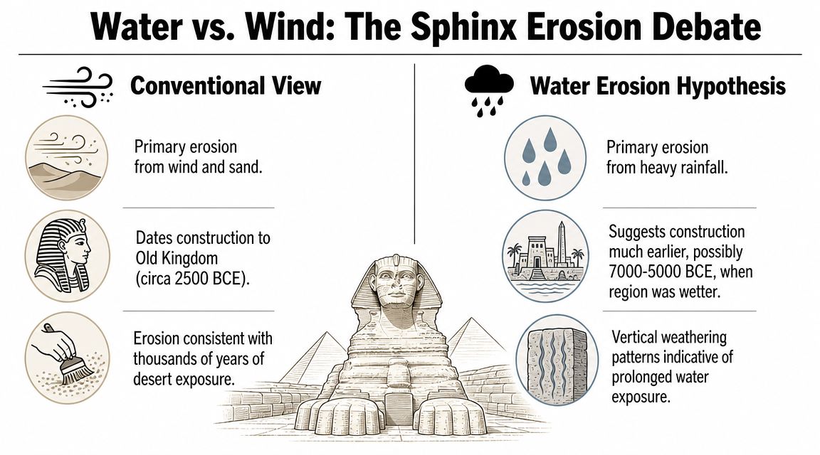 A comparison infographic detailing the debate between wind erosion and water erosion theories of the Great Sphinx.