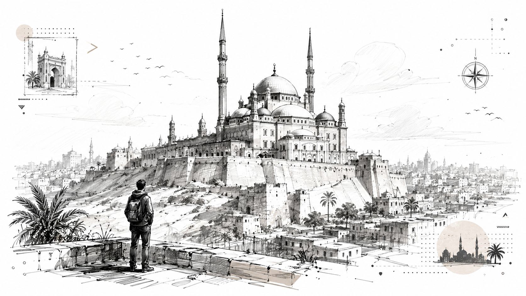A pencil sketch of a traveler looking at the historic Citadel of Saladin in Cairo, Egypt.