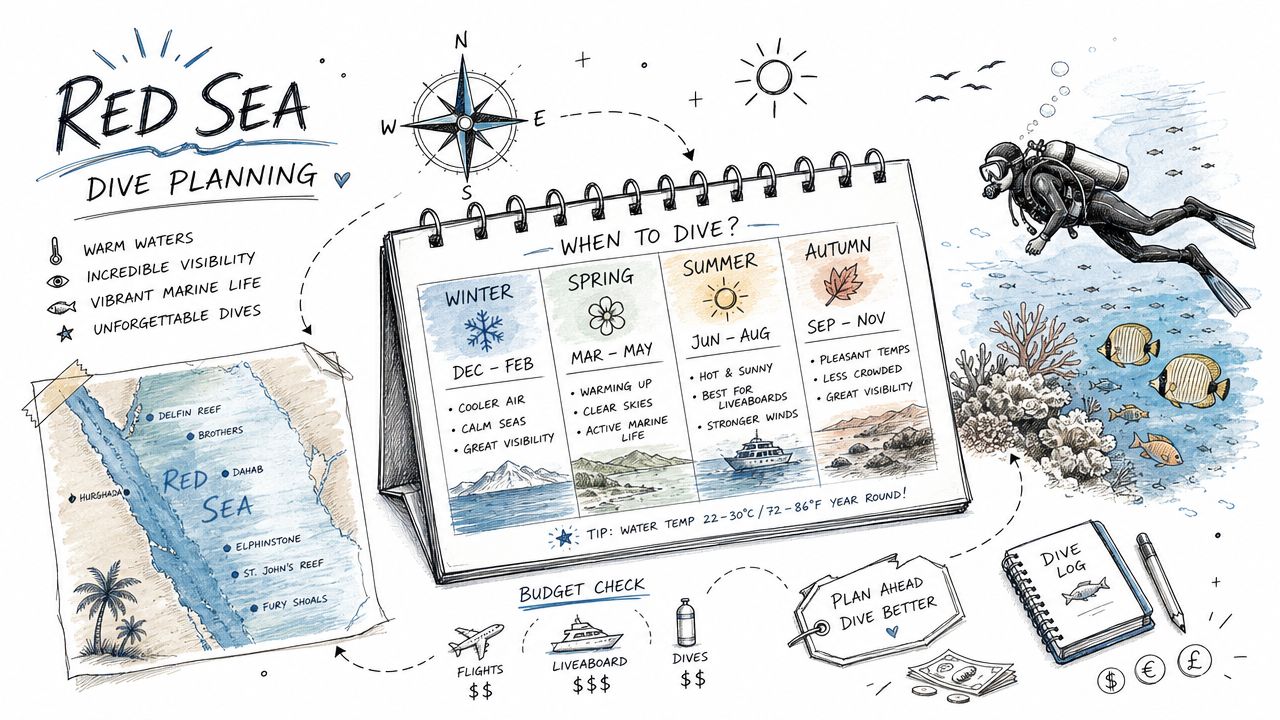 An illustrated guide for planning Red Sea diving trips, including seasonal weather info, locations, and dive tips.