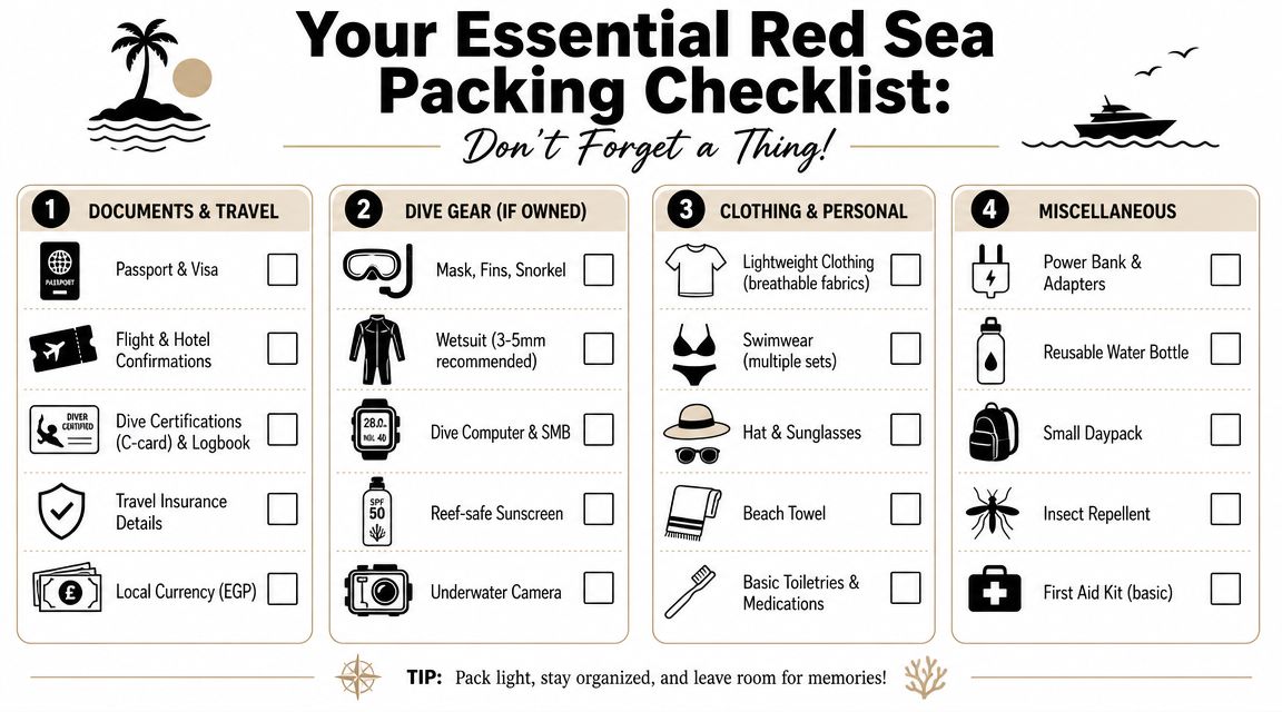A comprehensive Red Sea packing checklist categorized into documents, dive gear, clothing, and miscellaneous travel essentials.