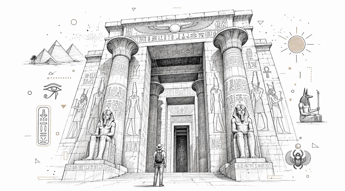 A traveler standing before a grand, detailed sketch of an ancient Egyptian temple with hieroglyphics and pyramids.