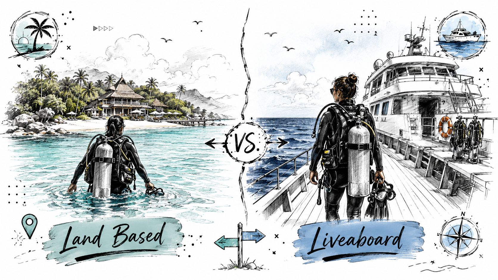 A split illustration comparing land-based scuba diving at a resort versus liveaboard diving on a boat.
