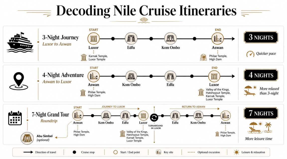 A visual guide comparing 3, 4, and 7-night Nile river cruise itineraries between Luxor and Aswan.