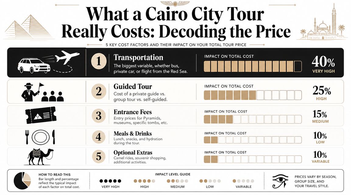 An infographic showing the five key cost factors of a Cairo city tour and their price impact.