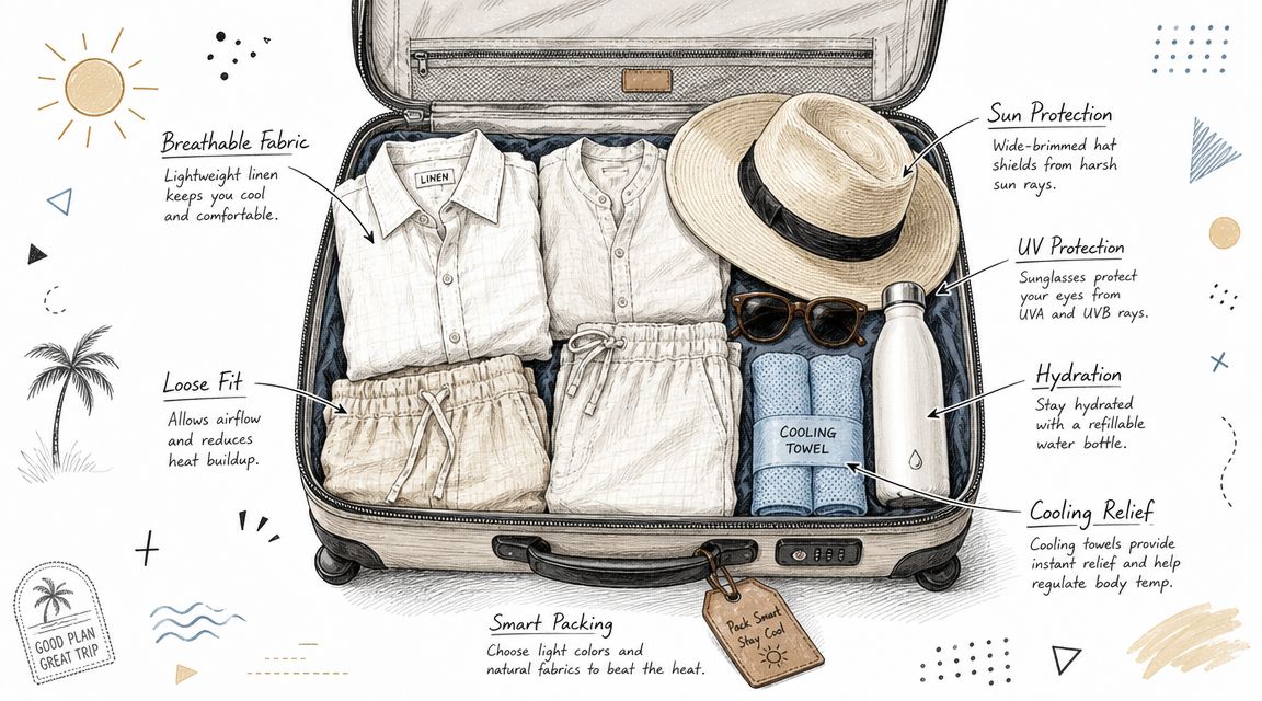 A hand-drawn illustration of a suitcase packed with summer clothing, a hat, and cooling essentials for hot weather.