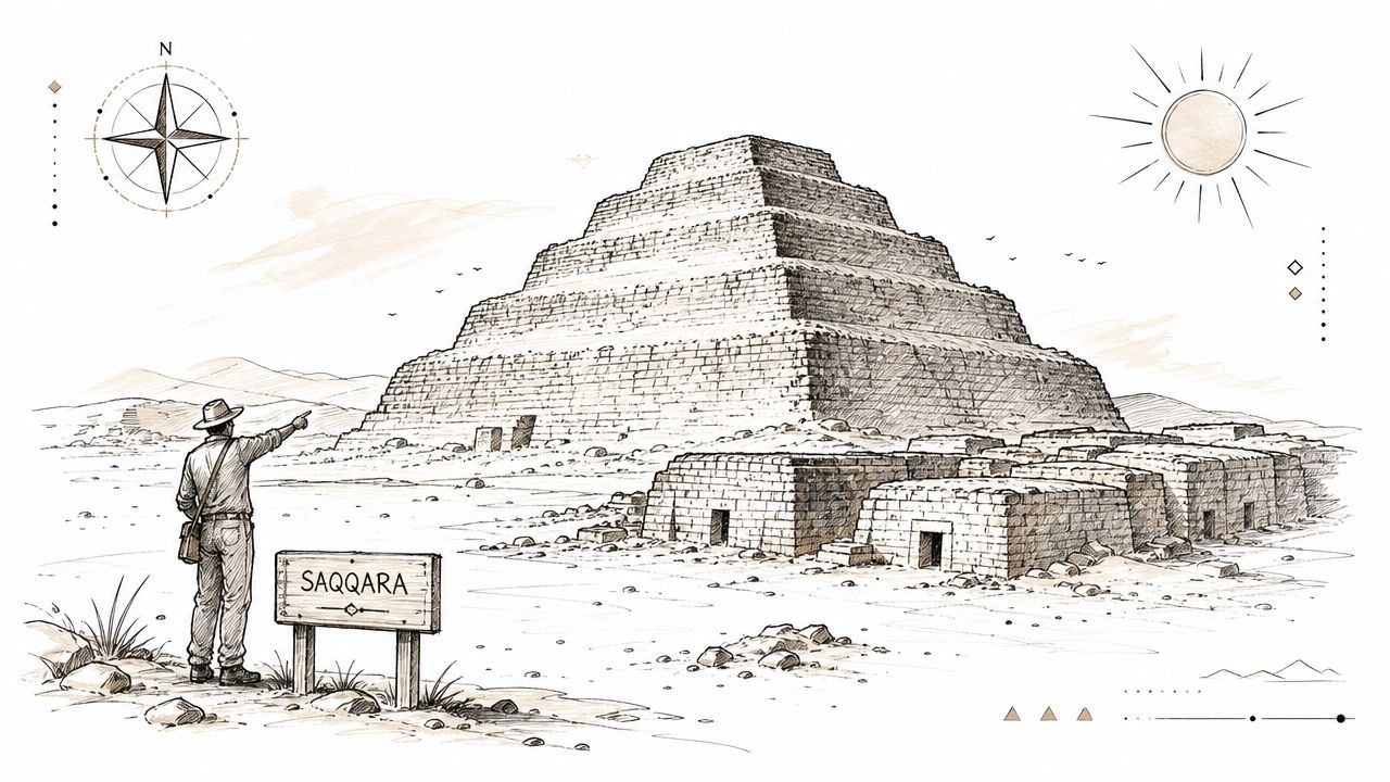 A traveler pointing at the iconic ancient Step Pyramid of Djoser located at the Saqqara archaeological site.