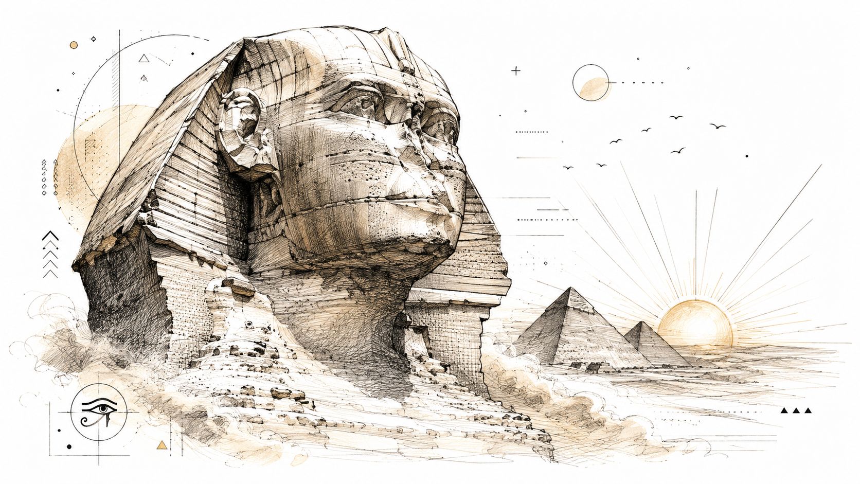 A detailed artistic pencil sketch of the Great Sphinx of Giza with Egyptian pyramids at sunrise.