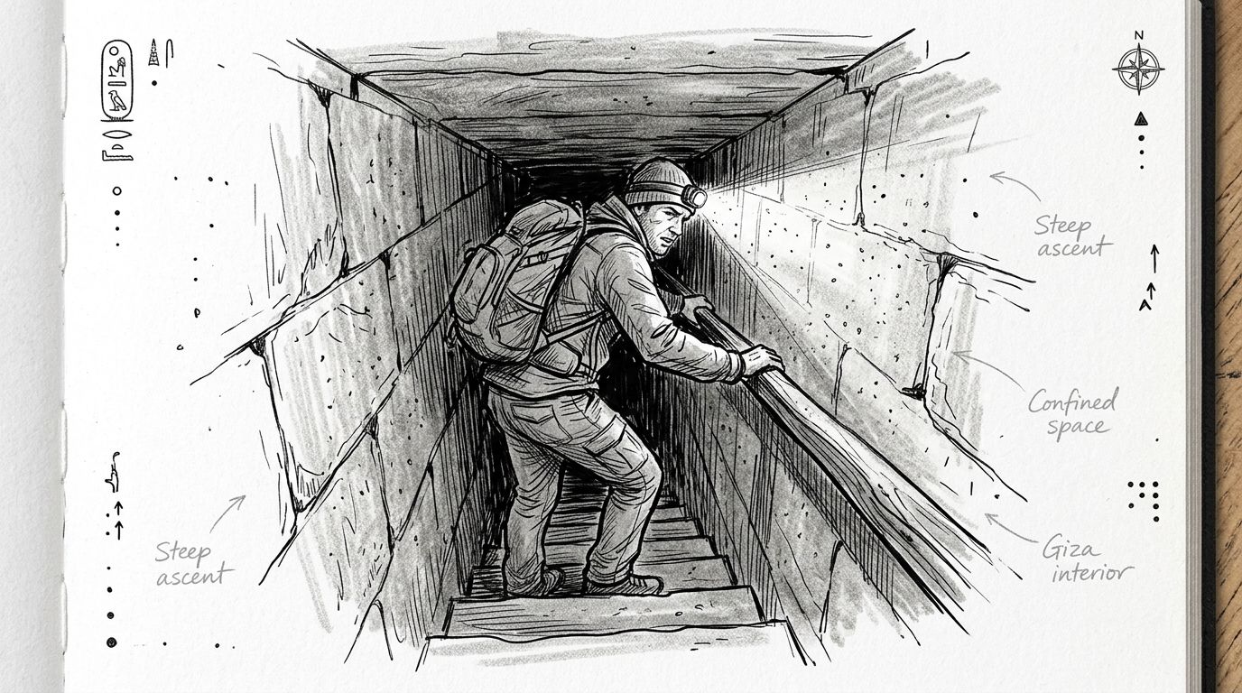A charcoal sketch of an explorer walking up a narrow, steep stone staircase inside a pyramid.