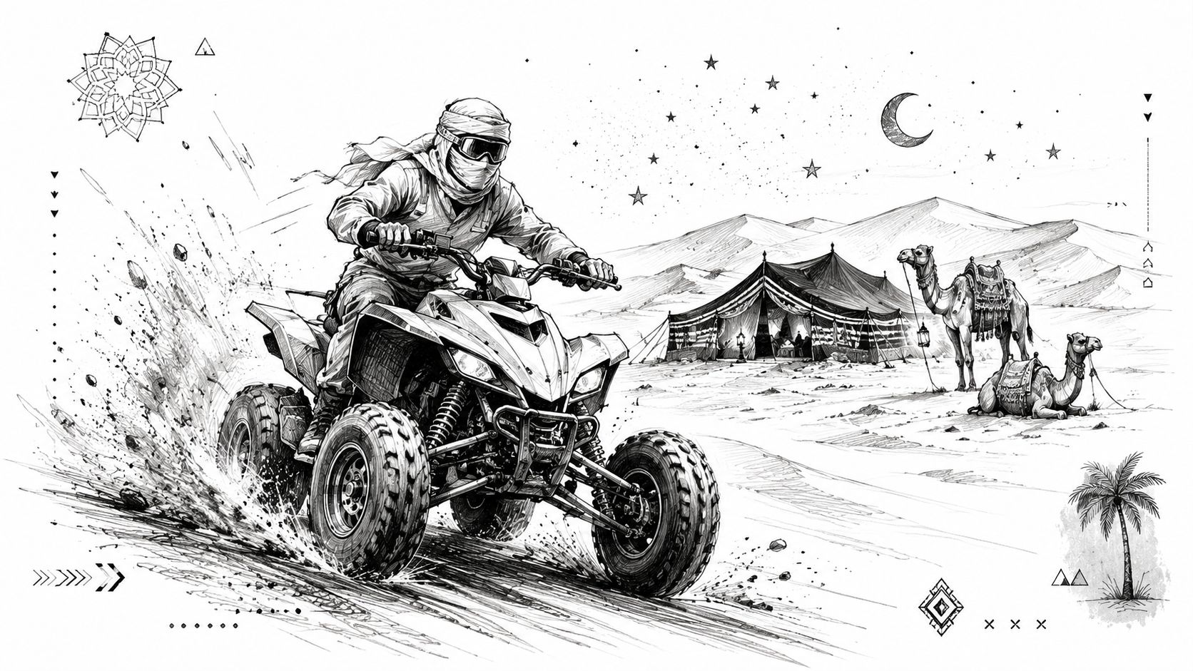 A black and white sketch of a person driving an ATV across the Egyptian desert landscape