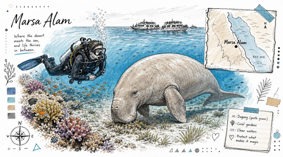 An artistic illustration of a scuba diver exploring the vibrant underwater world with a dugong in Marsa Alam.
