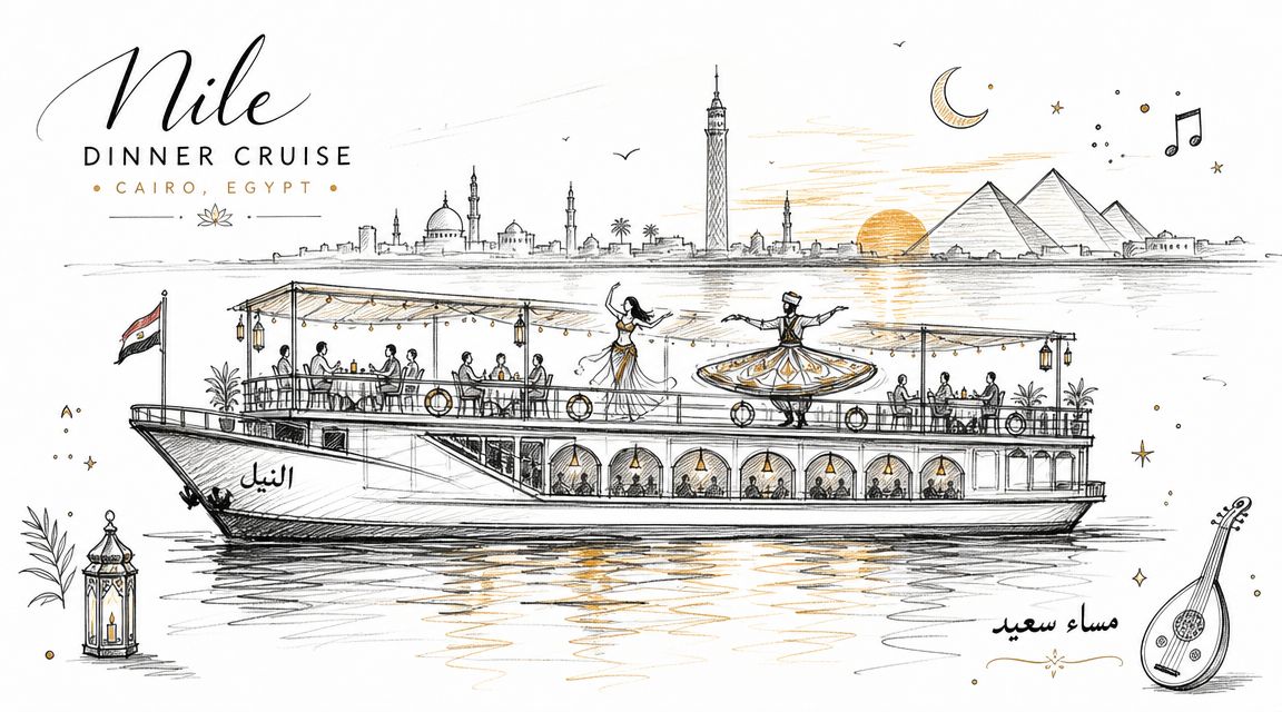 An elegant sketch of a Nile dinner cruise ship in Cairo with dancers and city skyline view.