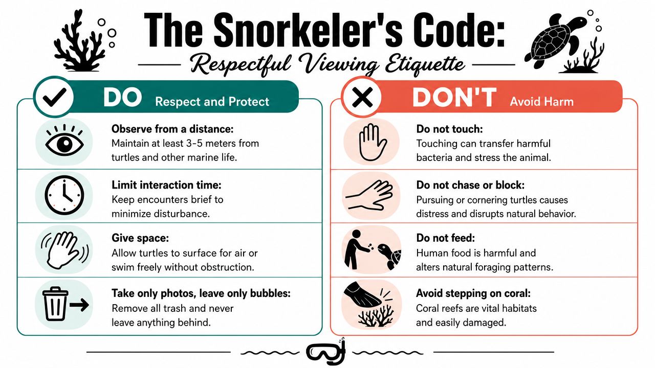 An infographic titled The Snorkeler's Code outlining respectful viewing etiquette for sea turtles and marine life.