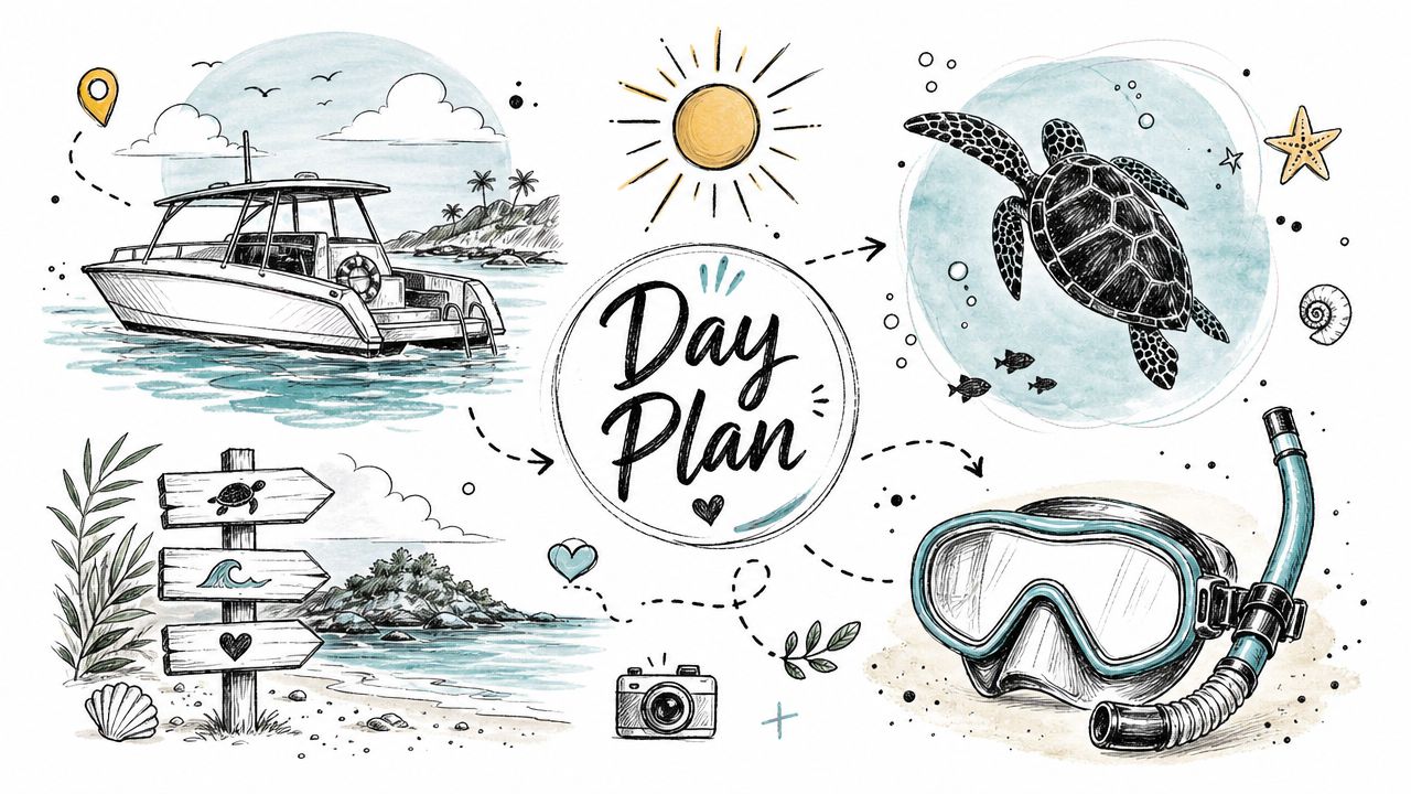 A hand-drawn illustration showing a boat, sea turtle, and snorkeling gear with a Day Plan label.