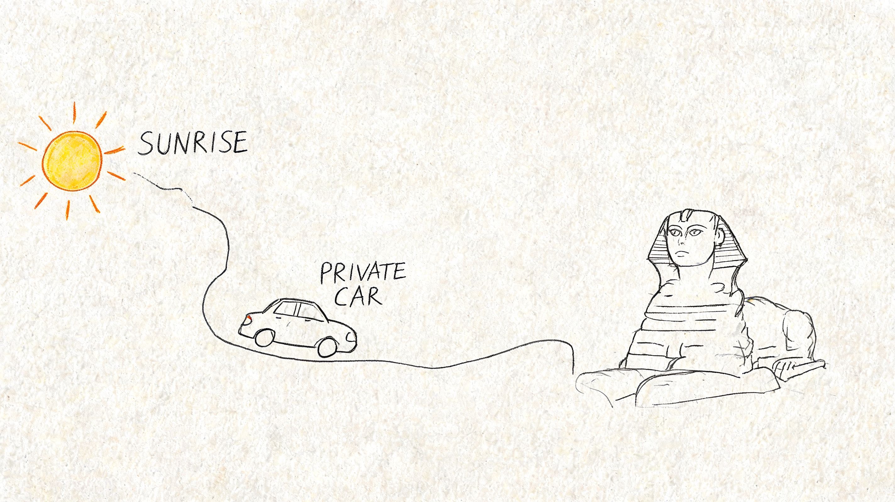 A hand-drawn illustration depicting a sunny day trip by private car to the Great Sphinx in Egypt.
